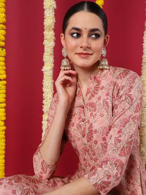 women peach viscose rayon floral printed straight kurta 2