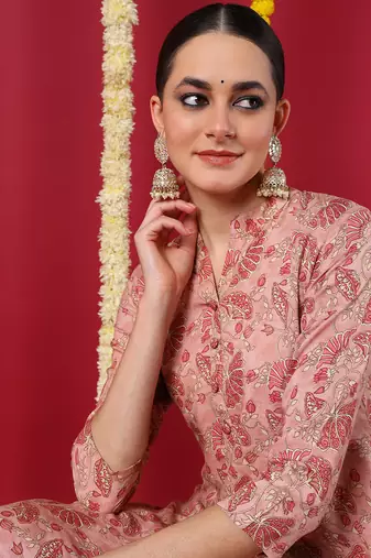 women peach viscose rayon floral printed straight kurta