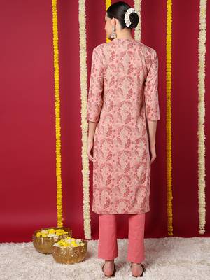women peach viscose rayon floral printed straight kurta 3
