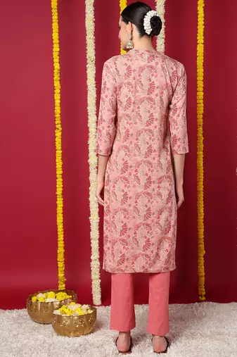 women peach viscose rayon floral printed straight kurta