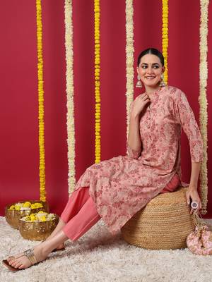 women peach viscose rayon floral printed straight kurta 4