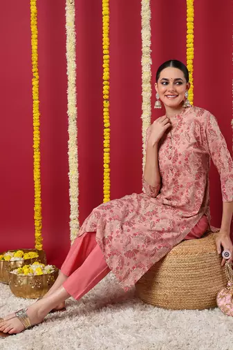 women peach viscose rayon floral printed straight kurta