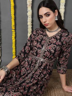 women black viscose rayon floral printed a-line kurta 2
