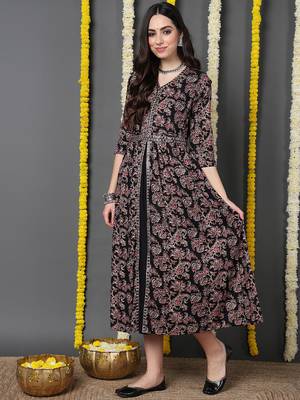 women black viscose rayon floral printed a-line kurta 3