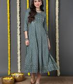women green cotton ethnic motifs printed anarkali kurta