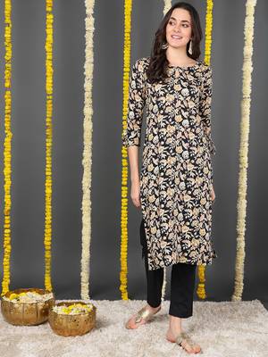 women black viscose rayon floral printed straight kurta 1
