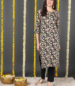 women black viscose rayon floral printed straight kurta