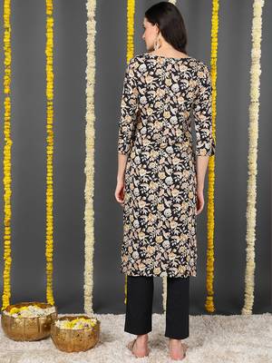 women black viscose rayon floral printed straight kurta 4