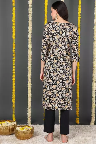 women black viscose rayon floral printed straight kurta