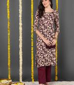 women maroon viscose rayon floral printed straight kurta