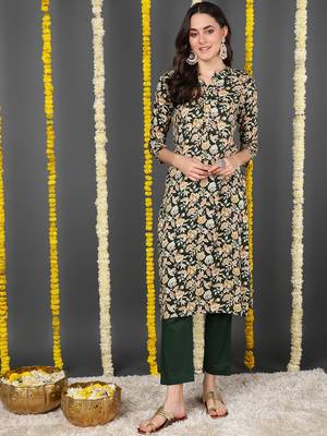 women green viscose rayon floral printed straight kurta 1