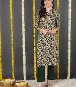 women green viscose rayon floral printed straight kurta