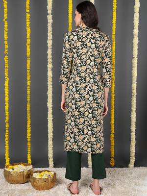 women green viscose rayon floral printed straight kurta 4