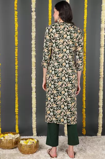 women green viscose rayon floral printed straight kurta