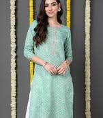 women sea green cotton blend bandhani printed straight kurta