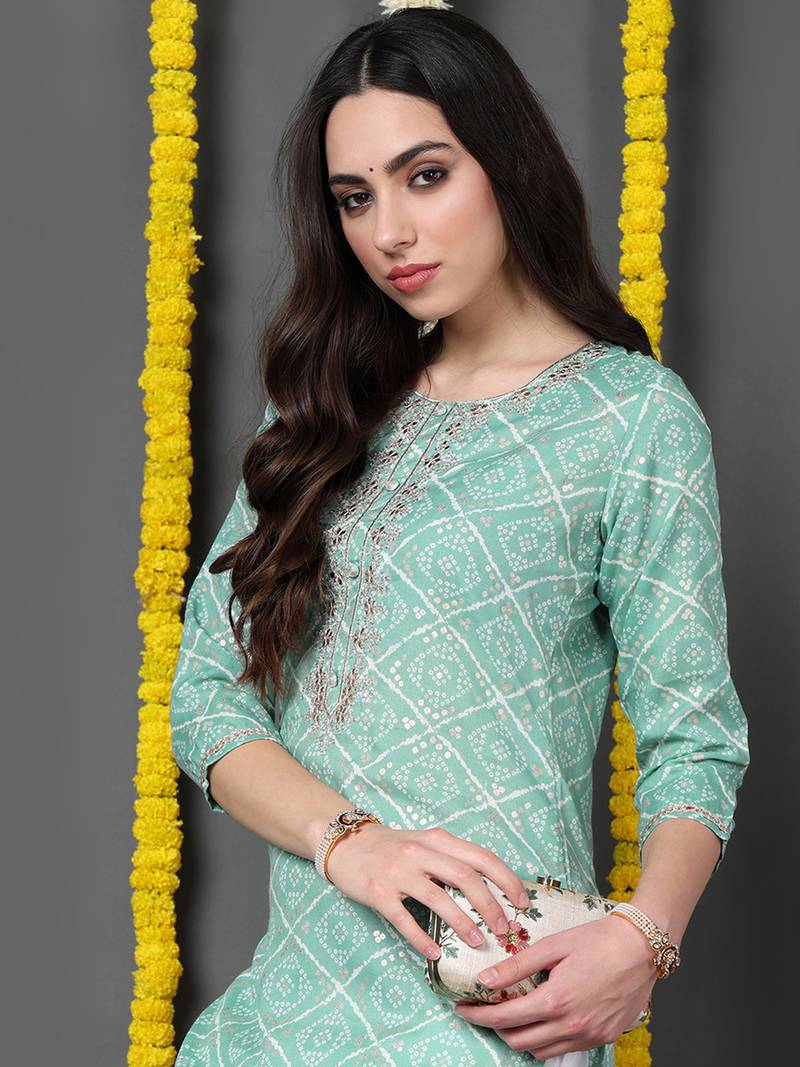 women sea green cotton blend bandhani printed straight kurta