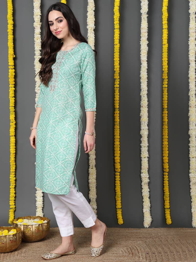 women sea green cotton blend bandhani printed straight kurta