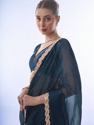 Heavy Work Teal Blue Burburry c Ethnic Partywear Saree 3