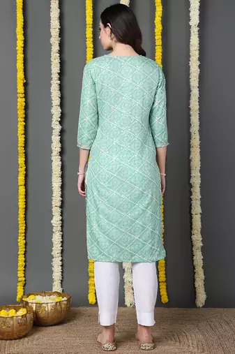women sea green cotton blend bandhani printed straight kurta