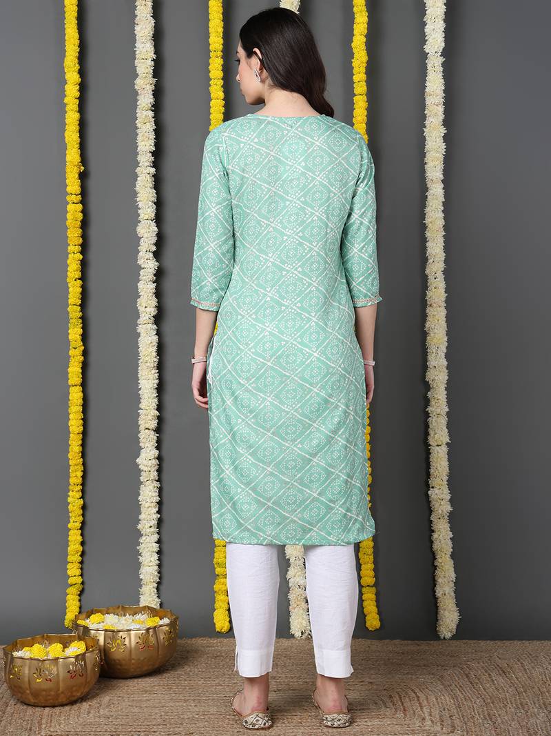 women sea green cotton blend bandhani printed straight kurta