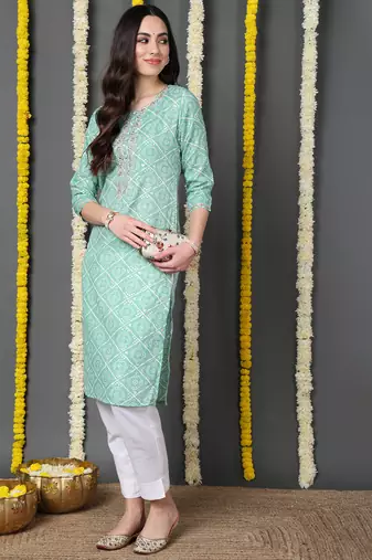 women sea green cotton blend bandhani printed straight kurta