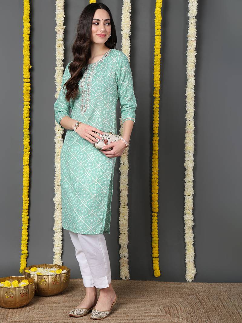 women sea green cotton blend bandhani printed straight kurta