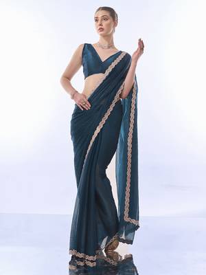 Heavy Work Teal Blue Burburry c Ethnic Partywear Saree 4