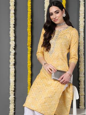 yellow cotton blend bandhani printed straight kurta 1