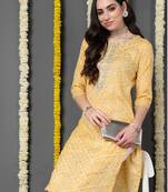yellow cotton blend bandhani printed straight kurta