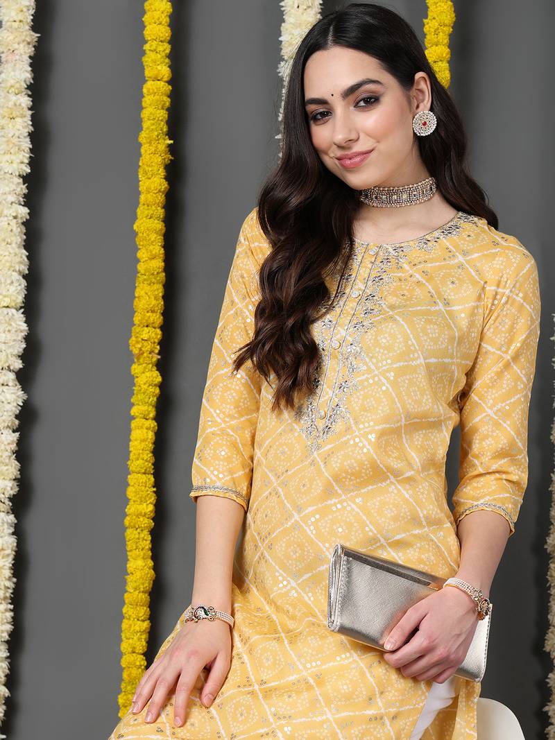 yellow cotton blend bandhani printed straight kurta