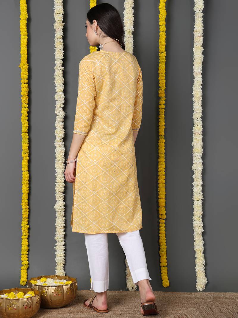 yellow cotton blend bandhani printed straight kurta