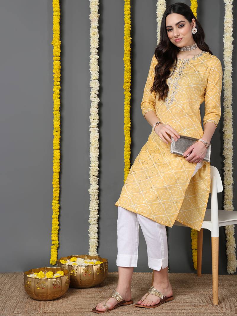 yellow cotton blend bandhani printed straight kurta