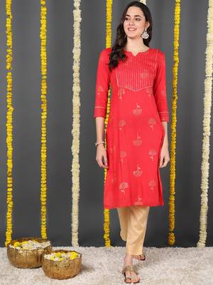 Red Cotton Zari Work Kurti 1
