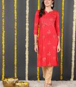 Red Cotton Zari Work Kurti