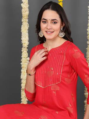Red Cotton Zari Work Kurti 2