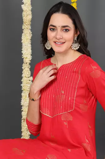 Red Cotton Zari Work Kurti