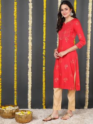 Red Cotton Zari Work Kurti 3