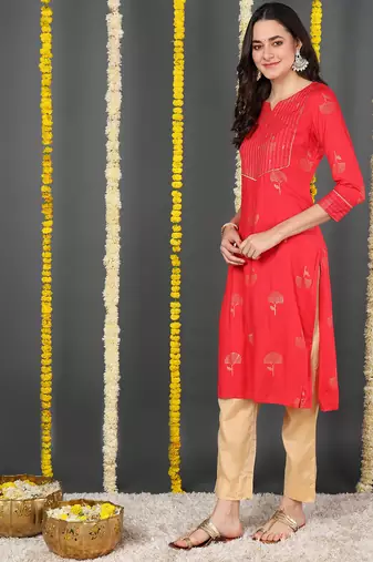Red Cotton Zari Work Kurti