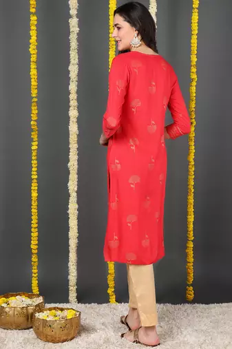 Red Cotton Zari Work Kurti