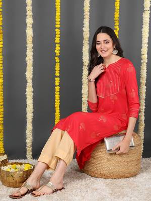 Red Cotton Zari Work Kurti 5