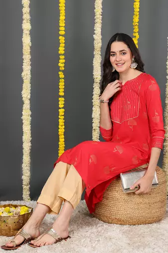 Red Cotton Zari Work Kurti