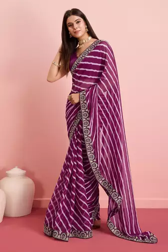 Purple Traditional Leheriya Print Ethnic Festive Wear Saree
