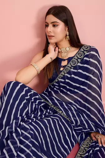 Blue Traditional Leheriya Print Ethnic Festive Wear Saree