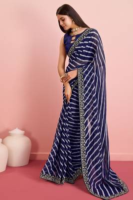 Blue Traditional Leheriya Print Ethnic Festive Wear Saree 5