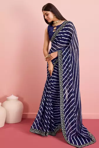 Blue Traditional Leheriya Print Ethnic Festive Wear Saree