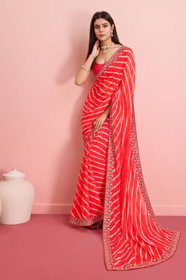 Red Traditional Leheriya Print Ethnic Festive Wear Saree 1