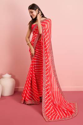 Red Traditional Leheriya Print Ethnic Festive Wear Saree 5