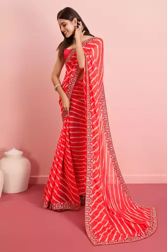 Red Traditional Leheriya Print Ethnic Festive Wear Saree