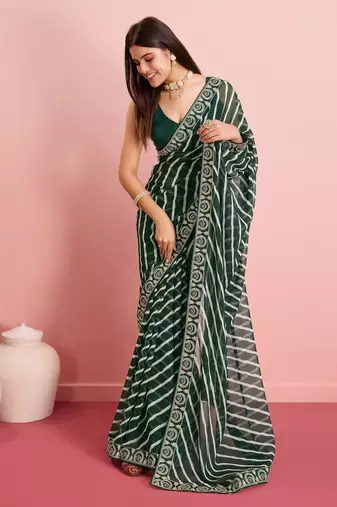 Green Traditional Leheriya Print Ethnic Festive Wear Saree
