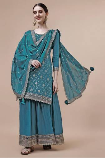 Blue Woven designer, embroidery work viscose chinon semi stiched party wear salwarsuit
